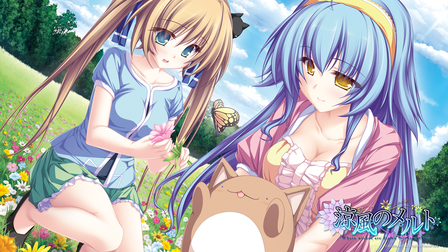 2girls, animal, blue_eyes, blue_hair, breasts, brown_hair, cleavage, flowers, hiiragi_tsukino, hisagihara_ui, long_hair, suzukaze_no_melt, tenmaso, yellow_eyes