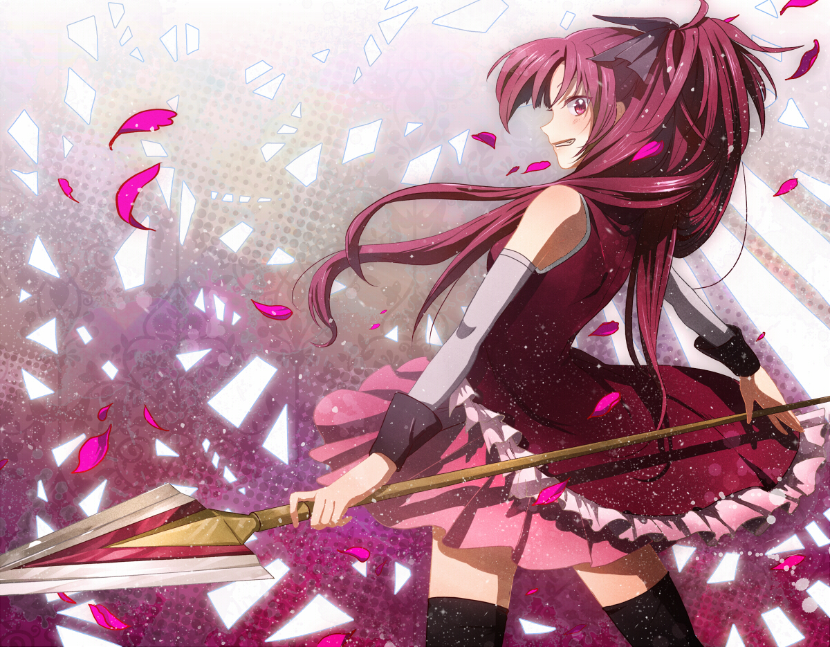 mahou_shoujo_madoka_magica, mizu_no, petals, red_eyes, red_hair, sakura_kyouko, spear, thighhighs