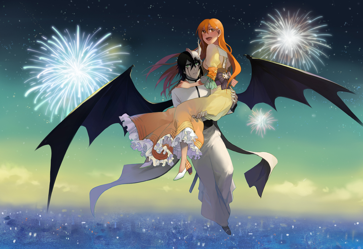 bleach, fireworks, inoue_orihime, lolita_fashion, male, runia, ulquiorra_schiffer, wings