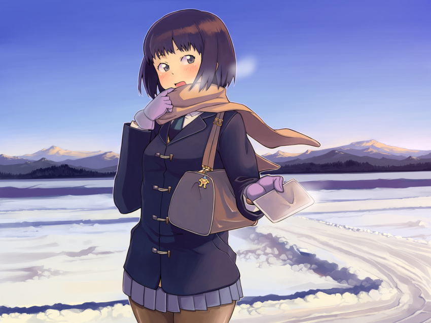 1girl, bag, black_hair, black_sleeves, blue_miniskirt, blue_skirt, blue_sky, blush, bob_cut, bowieknife, breasts, breath, brown_buttons, brown_handbag, brown_pants, brown_pantyhose, buttons, character_keychain, coat, cold, female_only, first_safebooru_post, girl, gloves, grey_eyes, handbag, highres, holding, jacket, keychain, landscape, legs, legs_together, long_sleeves, looking_to_the_side, miniskirt, mittens, moe, mountain, necktie, object_request, open_mouth, orange_scarf, original, original_character, outline, pantyhose, peacoat, pleated_miniskirt, pleated_skirt, purple_gloves, purple_mittens, purse, road, safebooru, scarf, short_hair, short_skirt, skirt, sky, snow, snowing, snowy, solo, solo_focus, the_first_post, the_most_important_safebooru_post_ever, the_one_that_started_it_all, toggles, touching, touching_scarf, uniform, white_outline, winter, winter_gloves, winter_uniform