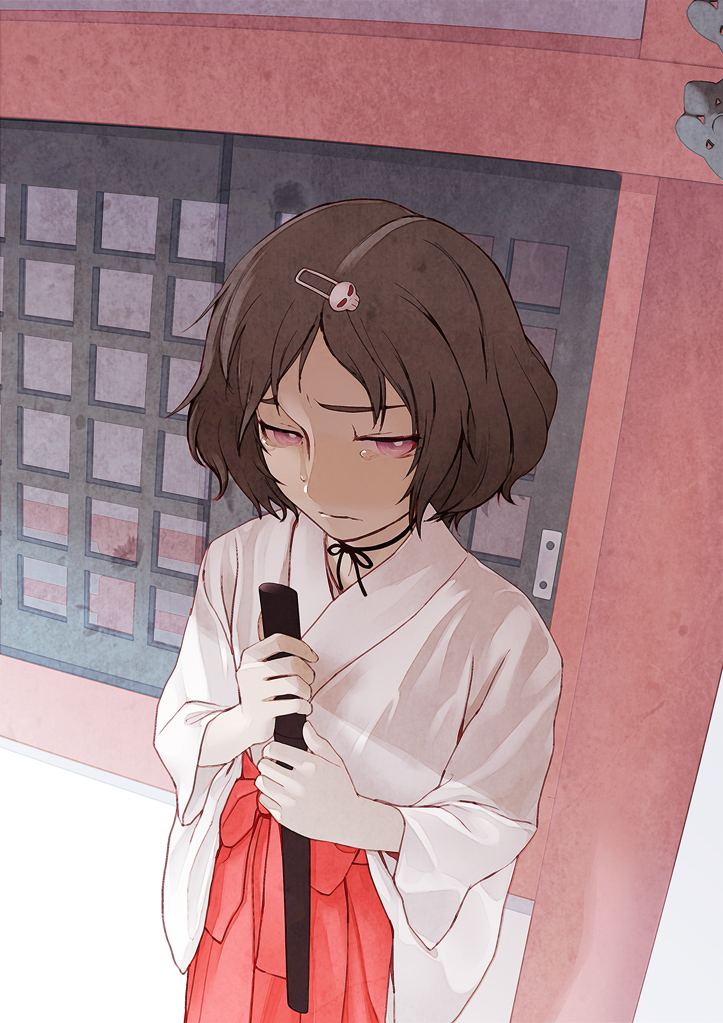 1boy, bad_id, bad_pixiv_id, brown_hair, closed_mouth, crossdressing, crossdressing_(mtf), door, hairclip, holding, holding_katana, holding_sheath, holding_weapon, japanese_clothes, kimono, knife, male_focus, miko, otoko_no_ko, pink_eyes, sanhon, sheath, sheathed, short_hair, solo, steins;gate, tearing_up, tears, trap, urushibara_ruka, white_kimono