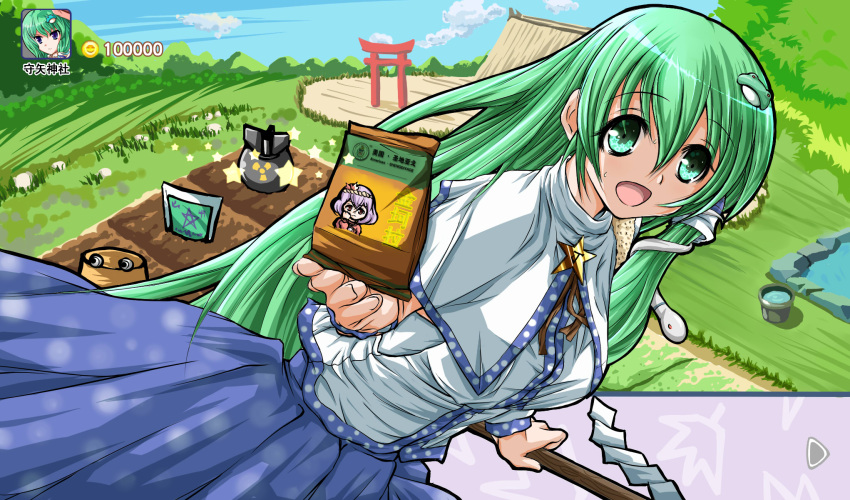 bomb, detached_sleeves, fertilizer, frog, green_eyes, green_hair, hair_ornament, happy_farm