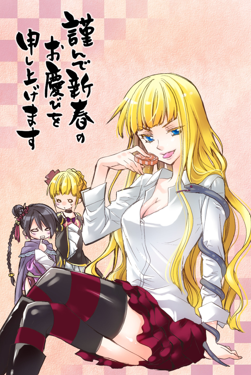 3girls, absurdres, beatrice, black_hair, blonde_hair, blue_eyes, bow, braid