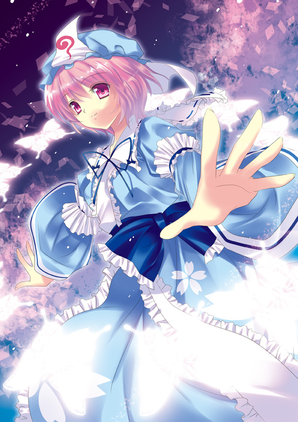 1girl, breasts, butterfly, hat, japanese_clothes, kikichan, outstretched_arms, pink_eyes