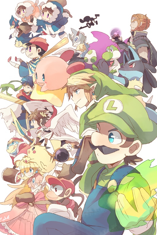 armor, baseball_bat, blonde_hair, blue_eyes, blue_hair, brown_hair, cape, crown, diddy_kong, donkey_kong_(series), earrings, facial_hair, falco_lombardi, fire_emblem, fire_emblem:_souen_no_kiseki, ganondorf, gloves, hammer, hat, headband, hood, ice_climber, ice_climbers, ike, jewelry, kid_icarus, king_dedede, kirby, kirby_(series), link, long_hair, lucario, luigi, mother_(game), mother_2, mr._game_&amp;_watch, mustache, nana_(ice_climber), ness, nintendo, pikachu, pit_(kid_icarus), pointy_ears, pokemon, popo_(ice_climber), princess_peach, red_eyes, redhead, satori, smile, sonic, sonic_(series), sonic_the_hedgehog, star_fox, super_mario_bros., super_smash_bros., sword, the_legend_of_zelda, twilight_princess, weapon, wings, wolf_o'donnell, yoshi
