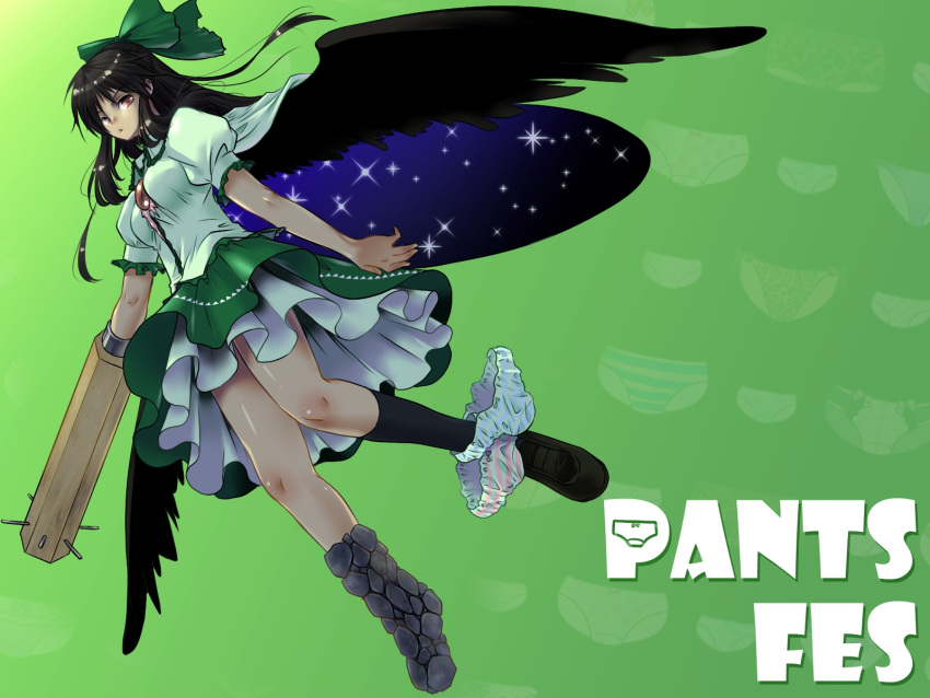 1girl, arm_cannon, black_hair, bow, cape, hair_bow, highres, long_hair