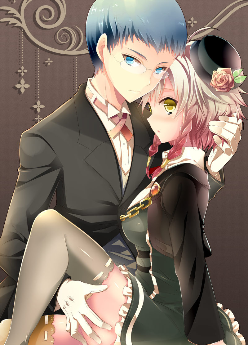1boy, 1girl, alternate_costume, asymmetrical_legwear, blue_eyes, blue_hair, braid, brown_legwear