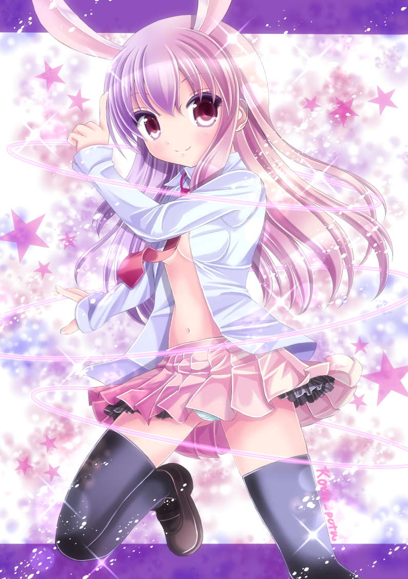 1girl, animal_ears, black_legwear, blue_panties, fingers, konpotsu, lavender_hair, loafers, long_hair, looking_at_viewer, necktie, no_bra, open_clothes, open_shirt, panties, pantyshot, rabbit_ears, reisen_udongein_inaba, shoes, skirt, smile, solo, sparkle, thigh-highs, touhou, underwear, violet_eyes