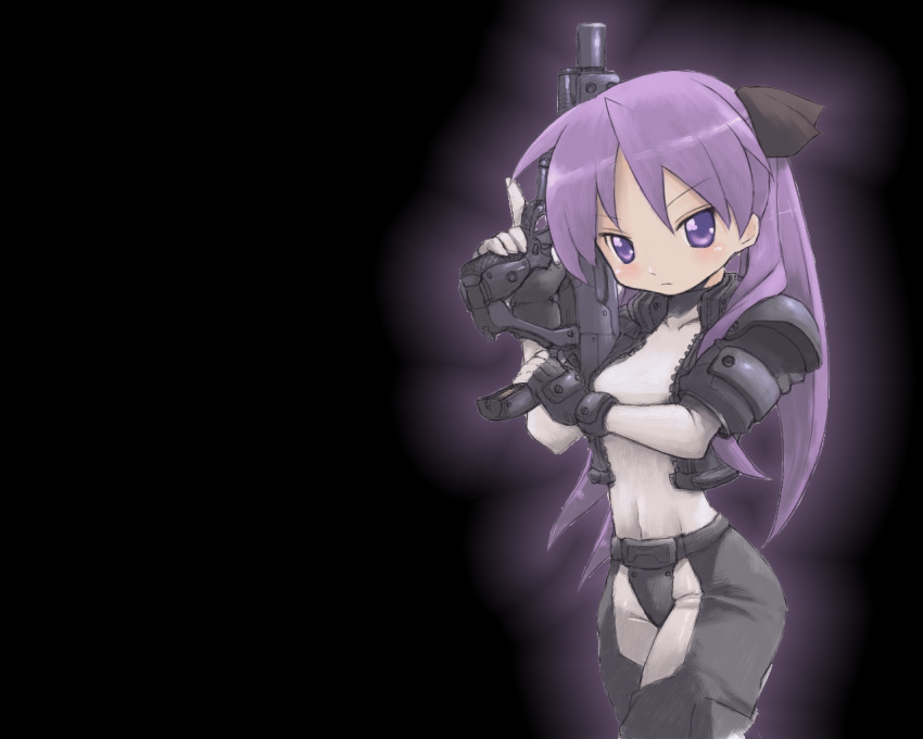 belt, blush, bow, cosplay, ghost_in_the_shell, gloves, gun, hiiragi_kagami, long_hair, lucky_star, mokoto, mokoto_kusanagi, purple_hair, ribbon, twintails, violet_eyes, wallpaper