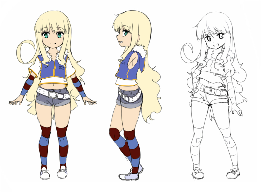 1girl, belt, blonde_hair, character_sheet, detached_sleeves, flat_chest, green_eyes, grin
