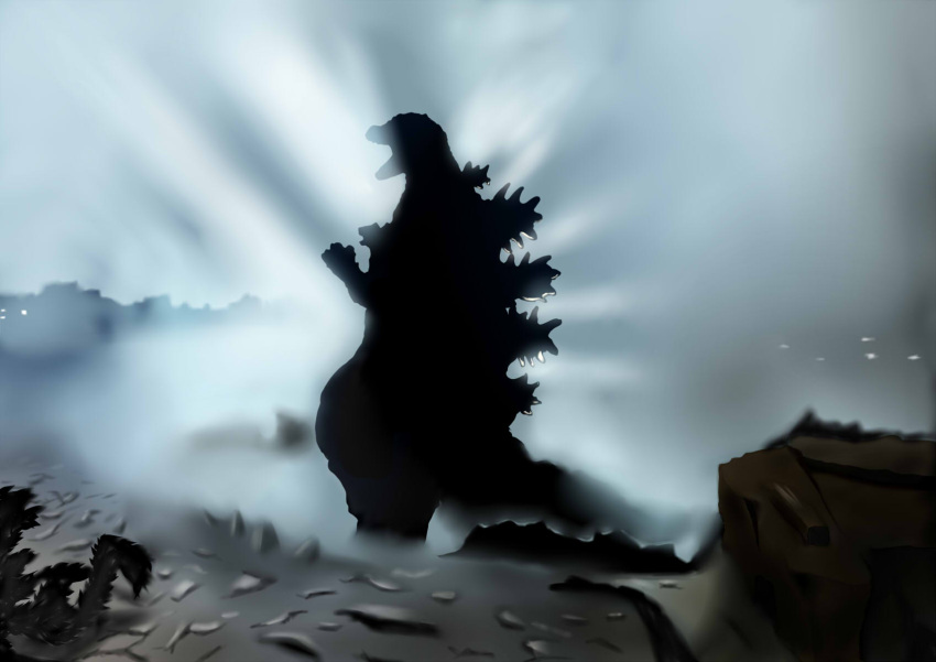 epic, godzilla, godzilla_(series), godzilla_junior, no_humans, roaring, silhouette