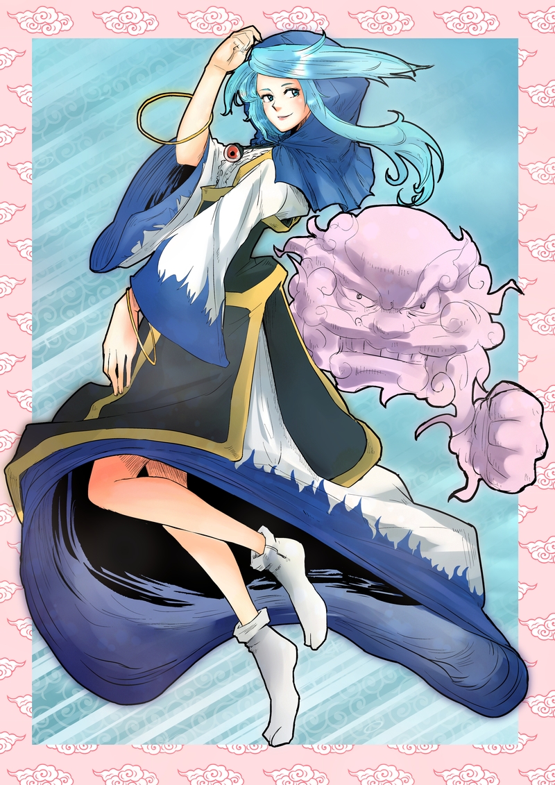 1boy, 1girl, 362_(mimuni), blue_eyes, blue_hair, breasts, clenched_hand, clouds