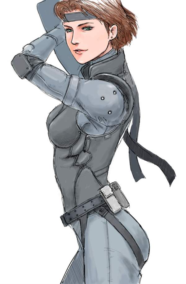 1girl, belt, bodysuit, breasts, brown_hair, bulletproof_vest, ear_studs, earrings, elbow_pads, green_eyes, headband, izo, jewelry, meryl_silverburgh, metal_gear, metal_gear_solid, short_hair, sneaking_suit