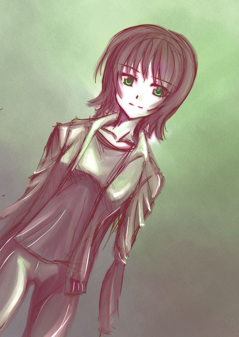 amputee, collarbone, green_eyes, highres, katawa_shoujo, raide, short_hair, sketch