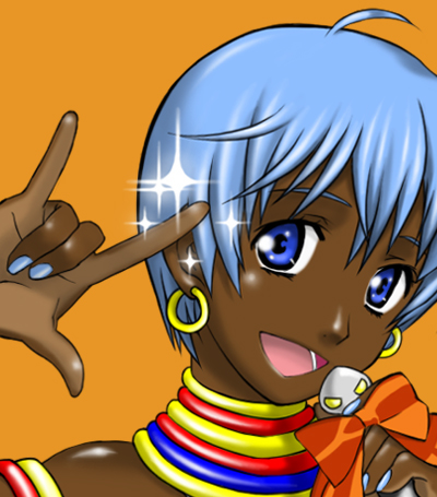 1girl, \m/, armlet, blue_eyes, casa, dark_skin, earrings, elena, hoop_earrings, jewelry, lowres, macross, macross_frontier, microphone, nail_polish, neck_ring, parody, seikan_hikou, short_hair, silver_hair, smile, solo, sparkle, street_fighter, street_fighter_iii