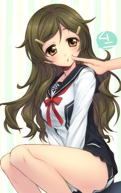 1girl, brown_eyes, brown_hair, female, long_hair, school_uniform, shinomiya_himawari, short_shorts