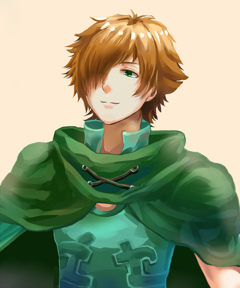 1boy, archer_(fate/extra), brown_hair, cape, cloak, fate/extra, fate_(series), green_eyes, hair_over_one_eye, mirialion, solo