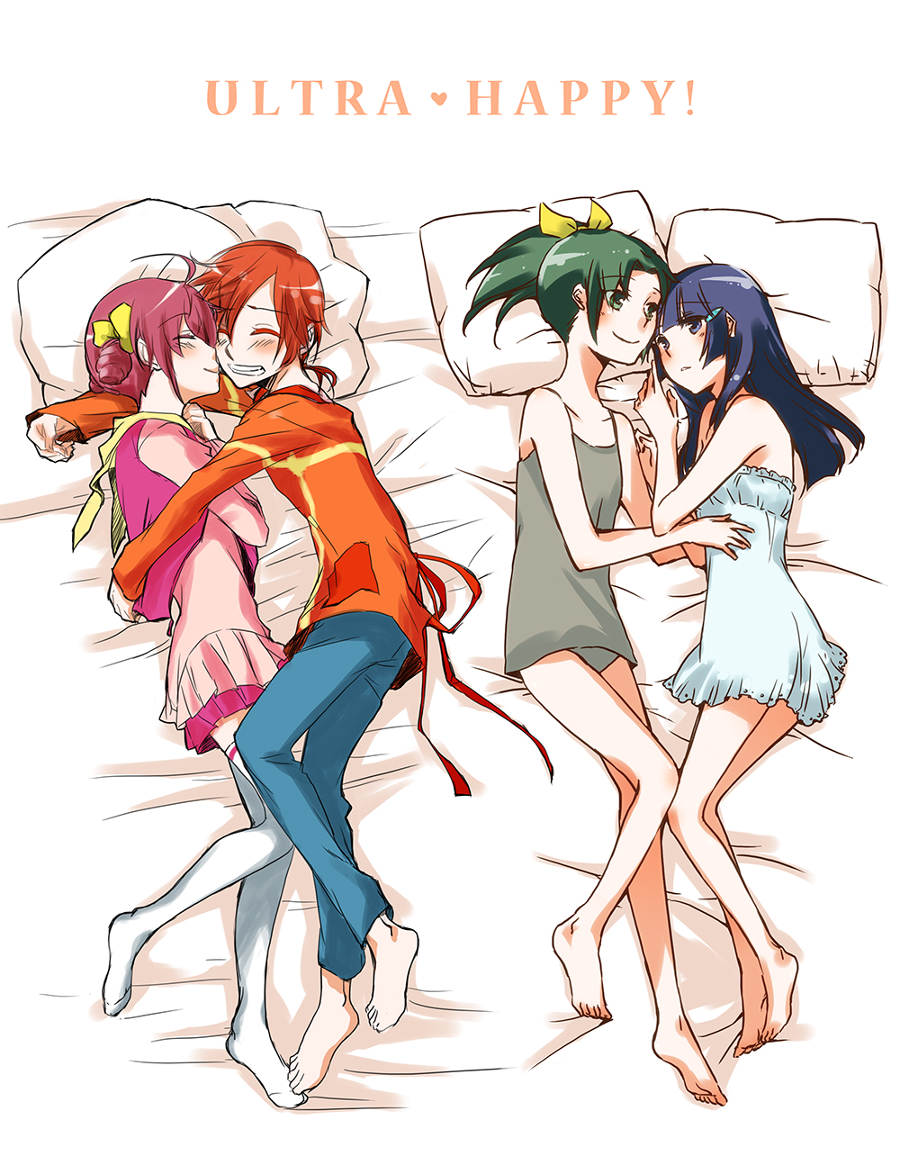 4girls, aoki_reika, bed, blue_hair, camisole, chemise, closed_eyes, english, feet, green_hair, hair_ornament, hair_ribbon, hairclip, happy, highres, hino_akane, hoshizora_miyuki, hug, jeans, lying, midorikawa_nao, multiple_girls, orange_hair, panties, pillow, pink_hair, ponytail, precure, ribbon, sekihara_umina, skirt, smile, smile_precure!, sweater, text, thigh-highs, underwear, yuri, zettai_ryouiki