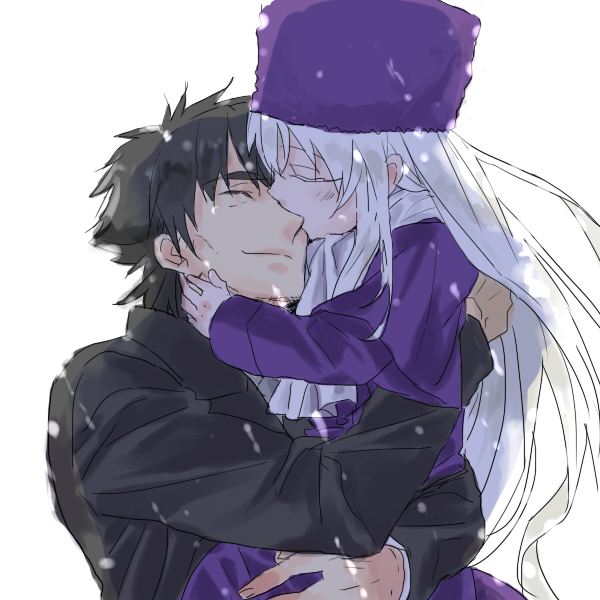 black_hair, capelet, carrying, closed_eyes, coat, emiya_kiritsugu, fate/zero, fate_(series)