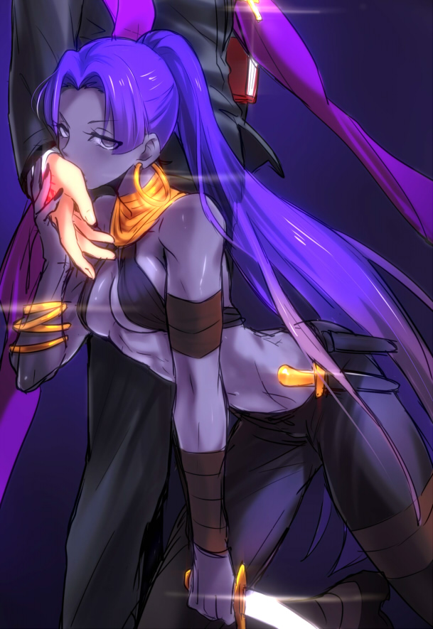 1boy, 1girl, abs, assassin_(fate/zero), blue_hair, bracelet, breasts, command_spell, earrings, fate/zero, fate_(series), female_assassin_(fate/zero), hand_kiss, hoop_earrings, jewelry, kiss, kotomine_kirei, long_hair, mask, midriff, neck_ring, ponytail, purple_hair, sunday31, under_boob, violet_eyes