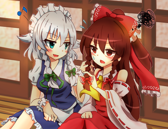 2girls, ascot, blue_eyes, blush, bow, braid, brown_hair, detached_sleeves