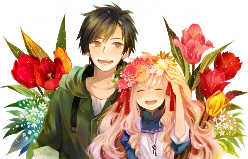 brown_eyes, brown_hair, closed_eyes, flower, happy, head_wreath, hoodie, jewelry