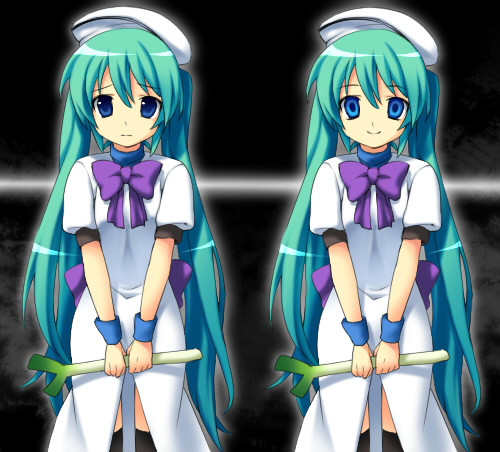 aqua_eyes, aqua_hair, bow, cosplay, dress, dual_persona, empty_eyes, hat