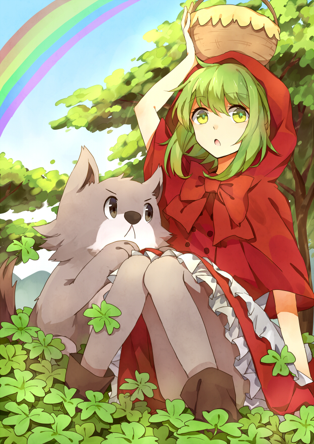 basket, bow, clover, dog, green_eyes, green_hair, gumi, hood