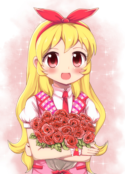 1girl, aikatsu!, aratsuka, blonde_hair, blush, bouquet, crossed_arms, flower