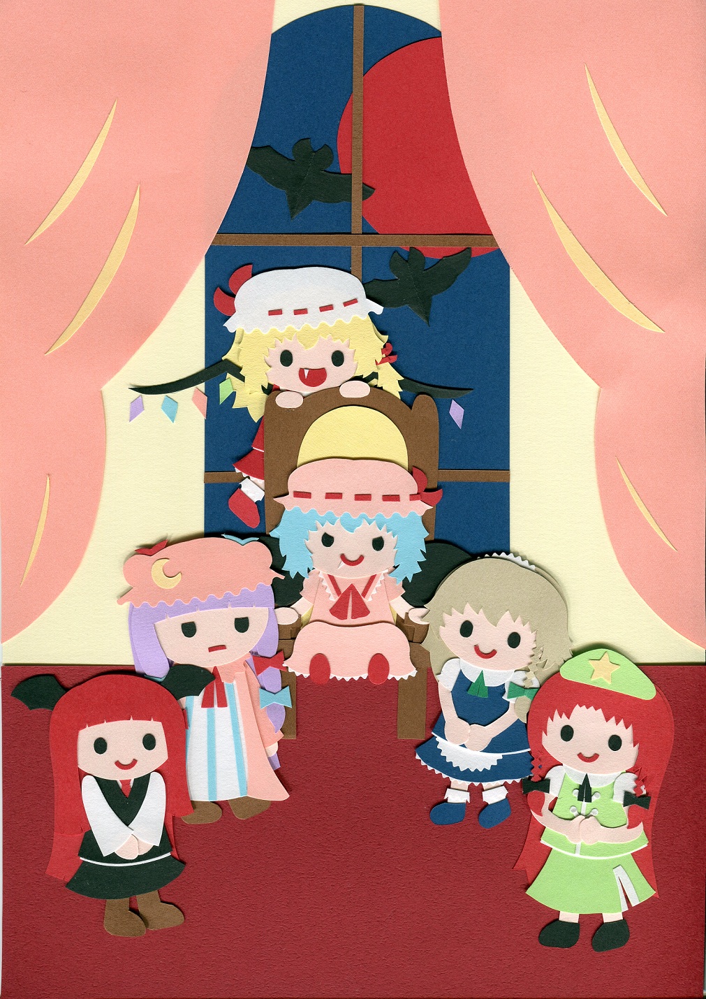 chair, flandre_scarlet, highres, hong_meiling, izayoi_sakuya, koakuma, paper_(medium), patchouli_knowledge, poru_(tohopunk), remilia_scarlet, the_embodiment_of_scarlet_devil, touhou