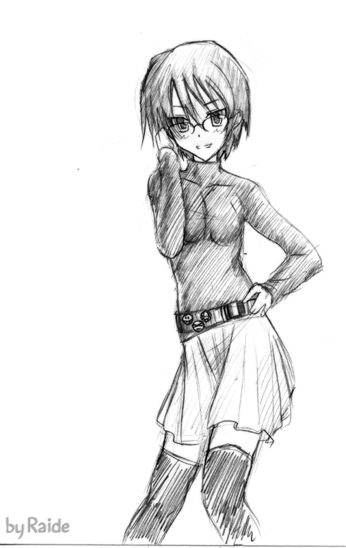 belt, casual, glasses, grin, hakamichi_shizune, katawa_shoujo, monochrome, raide