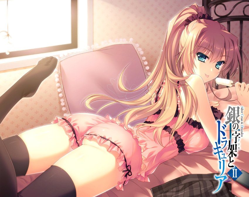 1girl, :p, absurdres, bed, black_legwear, blue_eyes, boyshorts, brown_hair, camisole, gin_no_cross_to_draculea, highres, legs, melting, on_stomach, ponytail, popsicle, sudou_mei, tagme, thigh-highs, tongue, yasaka_minato