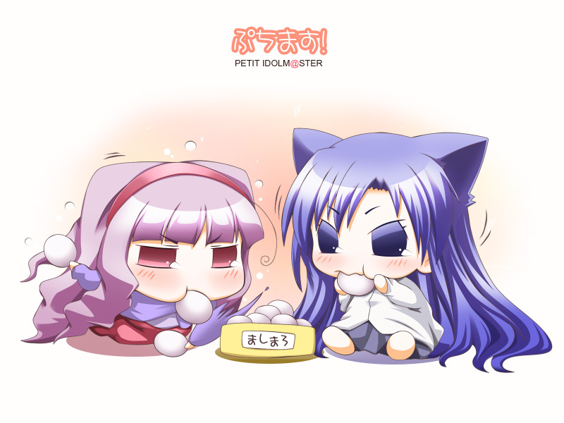 2girls, animal_ears, chibi, chihyaa, eating, hairband, long_hair, marshmallow