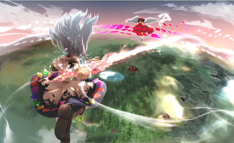 2girls, aerial_battle, battle, black_hair, blue_hair, boots, bow, building