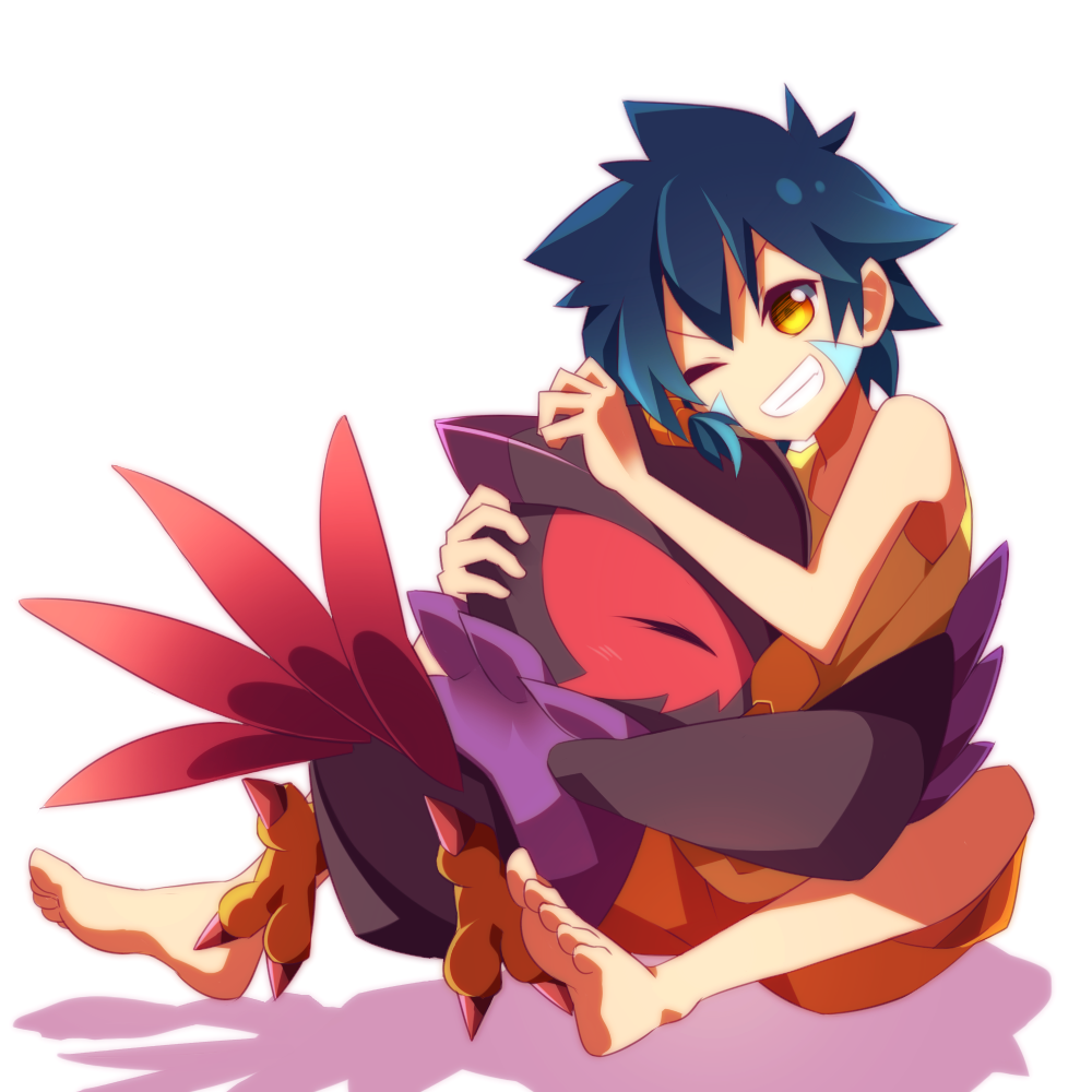 1boy, barefoot, beak, bird, blue_hair, blush, closed_eyes, digimon