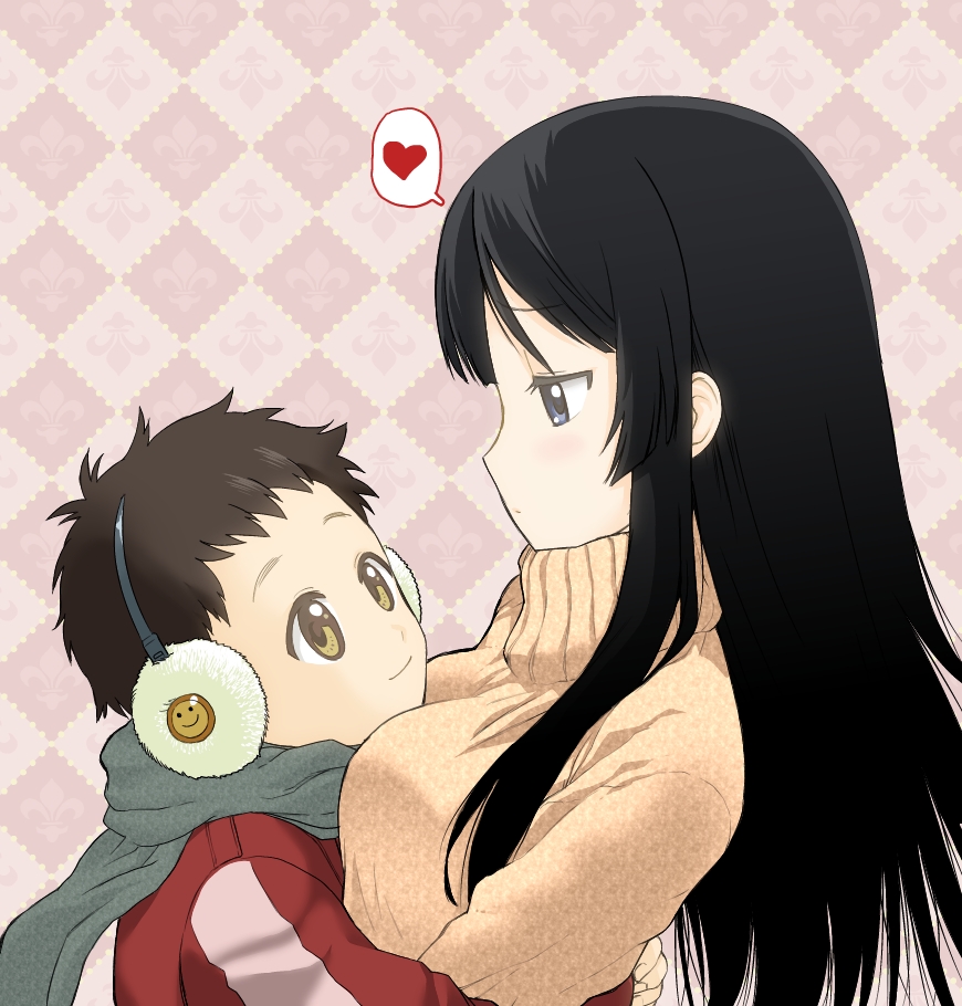 1boy, 1girl, akiyama_mio, black_eyes, black_hair, brown_eyes, earmuffs, heart