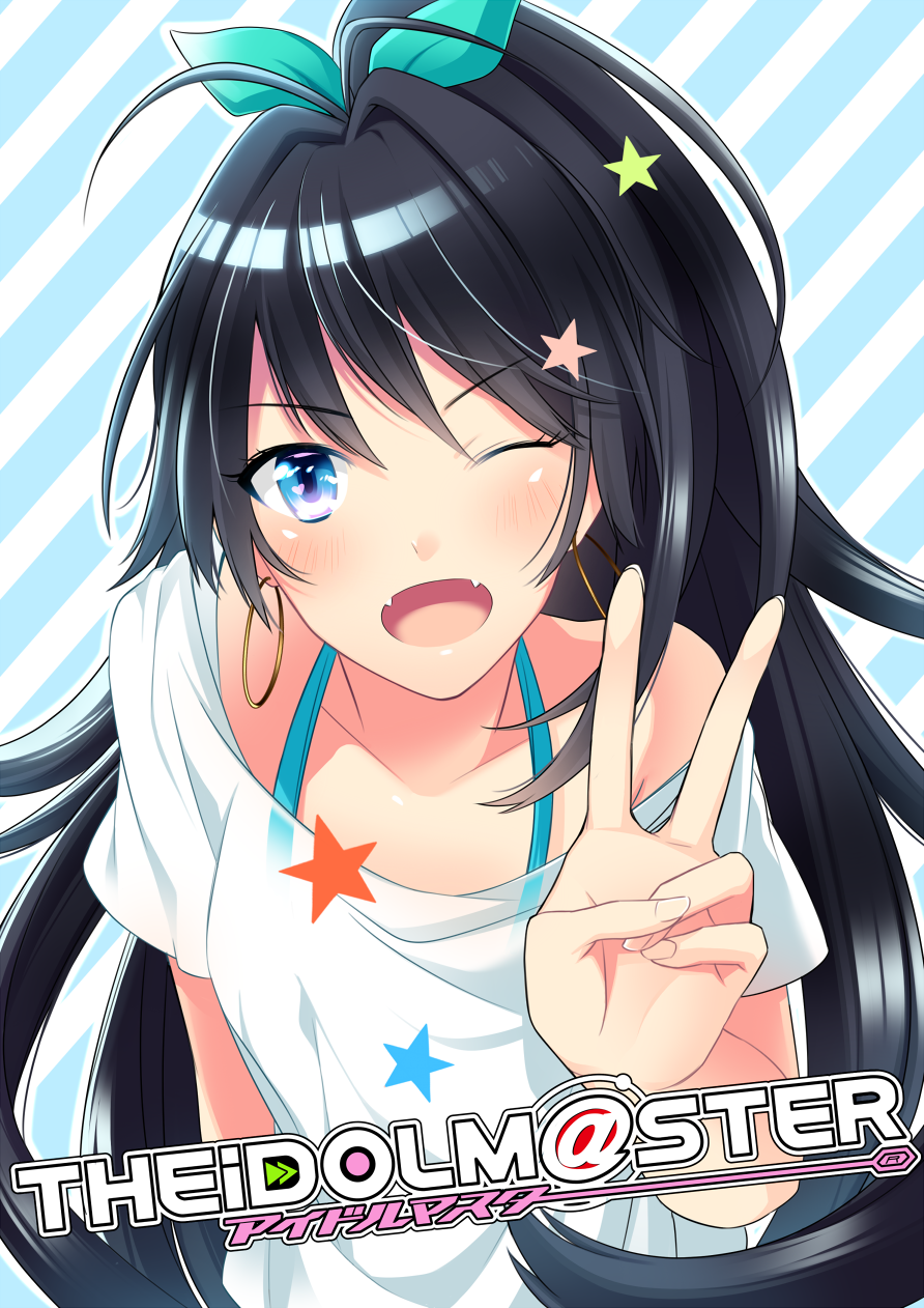 1girl, black_hair, blue_eyes, blush, fangs, ganaha_hibiki, highres, idolmaster