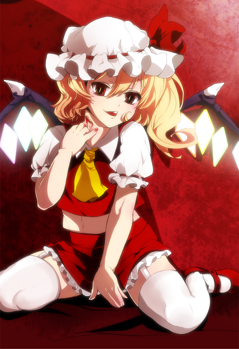 1girl, ascot, biting_tongue, blonde_hair, flandre_scarlet, garter_straps, glowing, glowing_wings