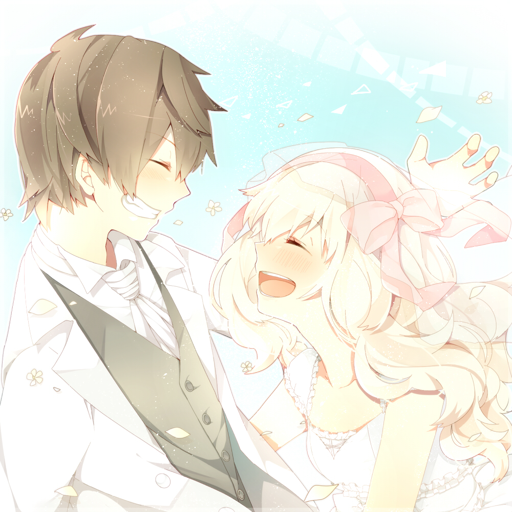 1boy, 1girl, 3103vv, black_hair, blonde_hair, blush, bridal_veil, closed_eyes