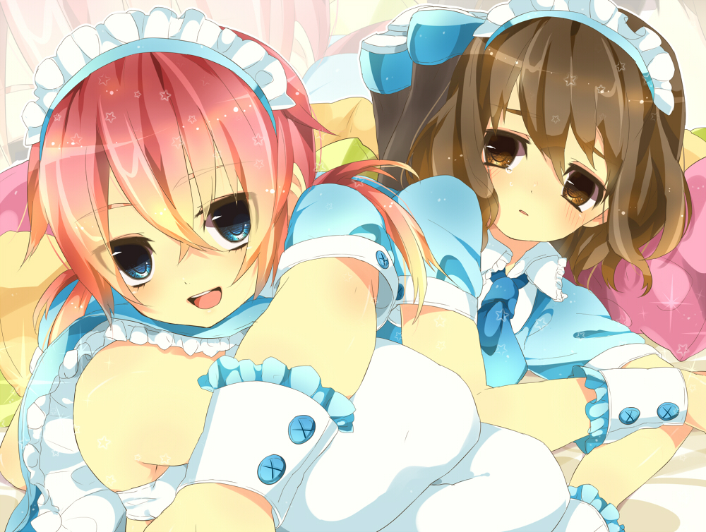 2boys, blue_eyes, blush, brown_eyes, brown_hair, crossdressinging, hanasaki_coa, inazuma_eleven_(series), inazuma_eleven_go, kirino_ranmaru, long_hair, maid, maid_headdress, male, multiple_boys, open_mouth, pink_hair, shindou_takuto, smile, tears, trap, twintails