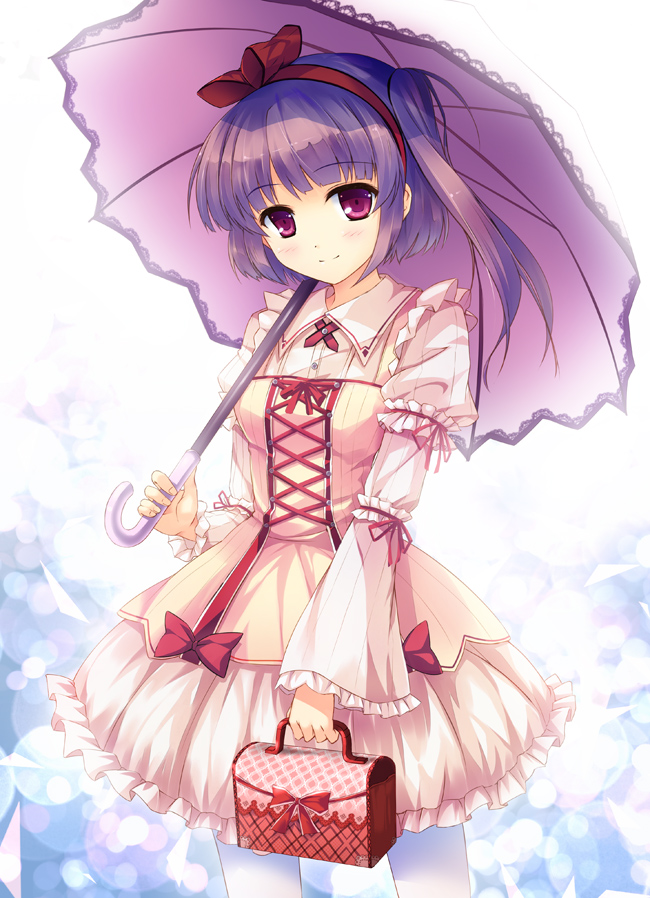 1girl, blush, hair_ribbon, hairband, long_hair, looking_at_viewer, original, purple_hair, ribbon, ryoumoto_ken, side_ponytail, skirt, smile, solo, umbrella, violet_eyes