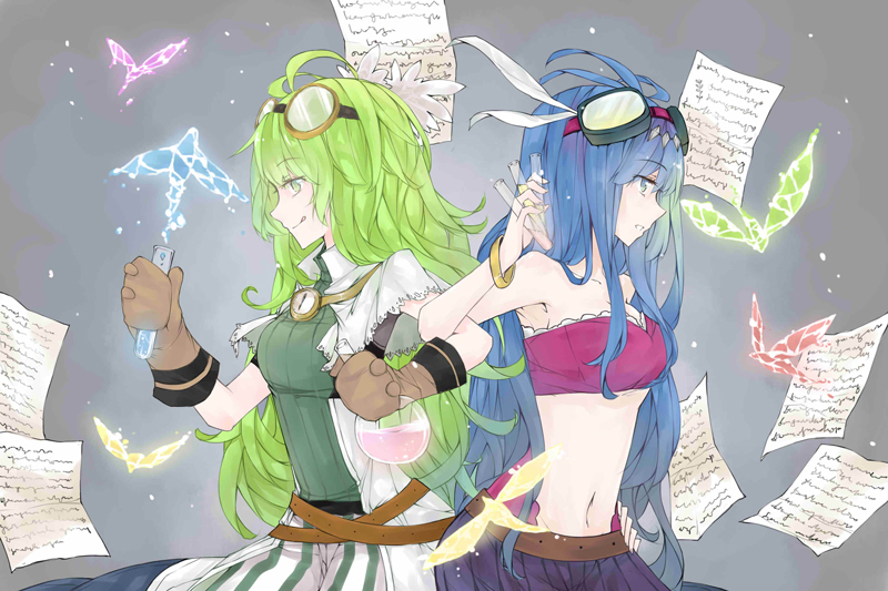 2girls, ahoge, alchemic_magician, belt, blue_hair, breasts, duel_monster, goggles