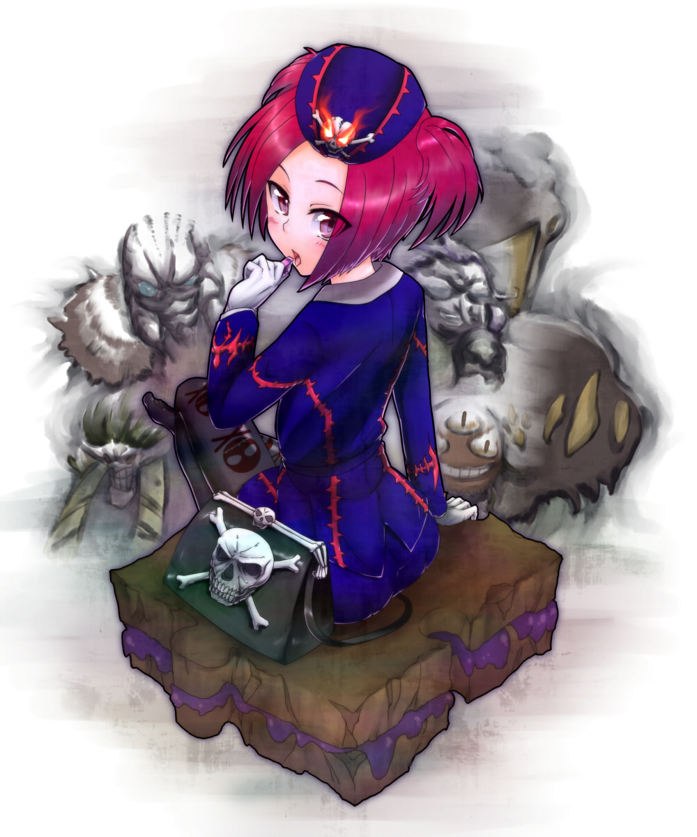 1girl, back, bone, duel_monster, eating, fire, hat, hctk, highres, looking_at_viewer, red_eyes, redhead, sangan, sitting, skull, skull_and_crossbones, tour_guide_from_the_underworld, twintails, yuu-gi-ou