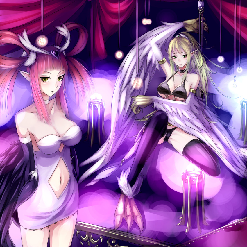 2girls, bikini, black_bikini, black_legwear, black_thong, black_wings, blonde_hair, breasts, claws, duel_monster, green_eyes, harpie_channeler, harpie_dancer, highres, long_hair, midriff, multiple_girls, pointy_ears, ponytail, redhead, sitting, staff, sukumo_(kemutai), swimsuit, thigh-highs, white_wings, wings, yellow_eyes, yuu-gi-ou