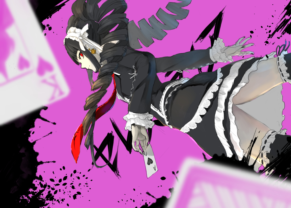 1girl, black_hair, black_legwear, bonnet, card, celestia_rudenberk, dangan_ronpa, drill_hair