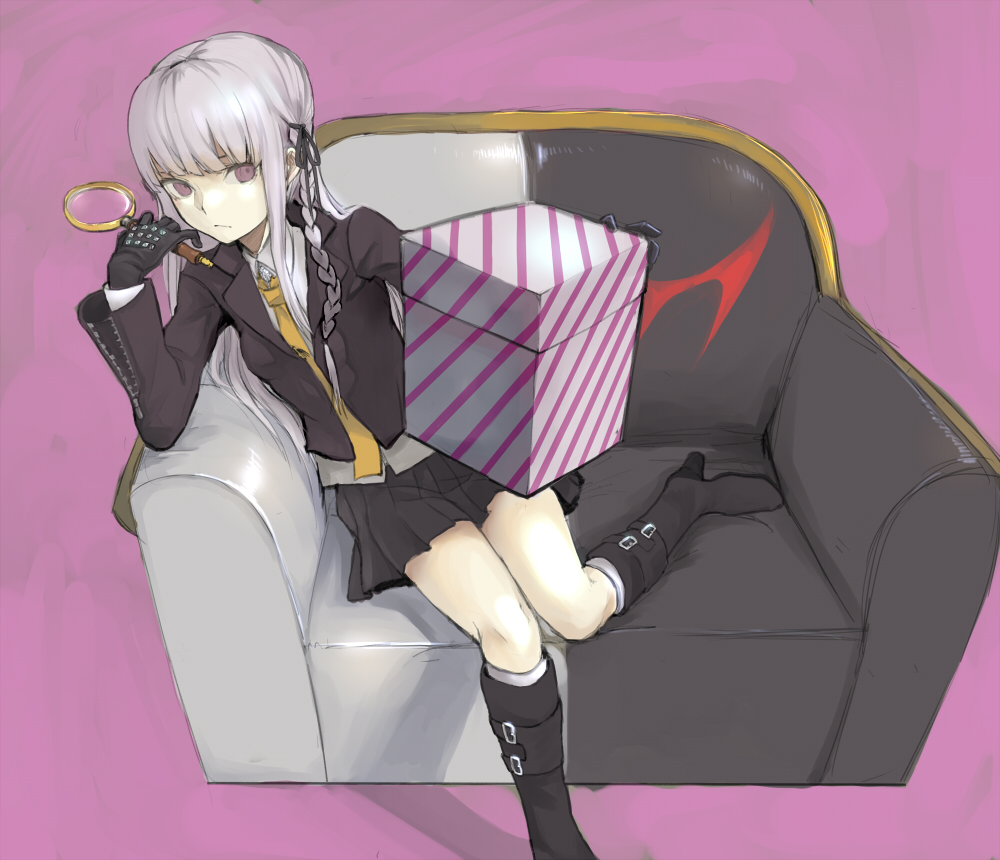 1girl, braid, couch, dangan_ronpa, gift, kirigiri_kyouko, lavender_hair, long_hair
