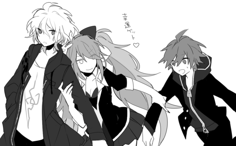 1girl, 2boys, ahoge, akina422, dangan_ronpa, enoshima_junko, hoodie, jacket
