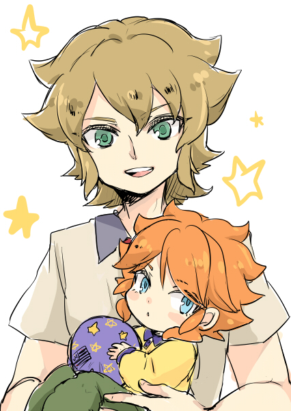 2boys, amemiya_taiyou, blue_eyes, blush, blush_stickers, brown_hair, crossover, green_eyes