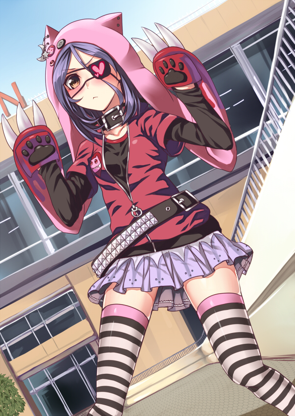 1girl, belt, brown_eyes, choker, eyepatch, hayasaka_mirei, hoodie, idolmaster