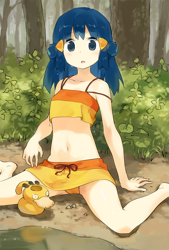 1girl, bare_shoulders, barefoot, bikini, blue_eyes, blue_hair, emunise, hair_ornament, hairclip, hikari_(pokemon), pokemon, pokemon_(creature), psyduck, sitting, swimsuit, wariza, watering_can